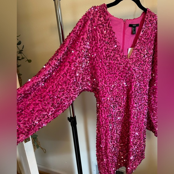 Forever 21 Mini Long Sleeve Sequin Sparkle Pink Girly Party Fun V Neck Dress - Picture 3 of 5